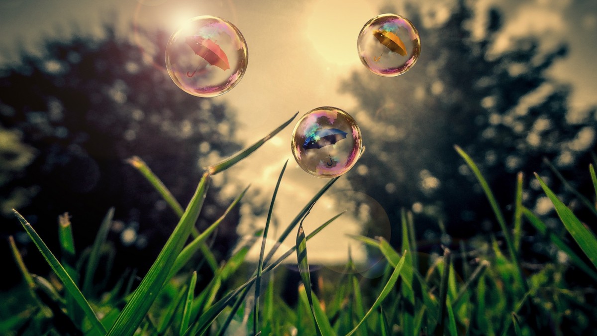 Grass with three bubbles floating above it.